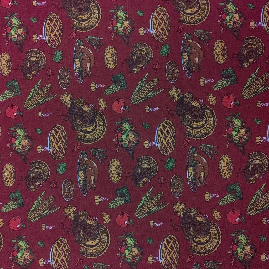 100CPTD5F90.jpg 115CM PRINTED 100%COTTON THANKSGIVING FEAST RED - Image 1