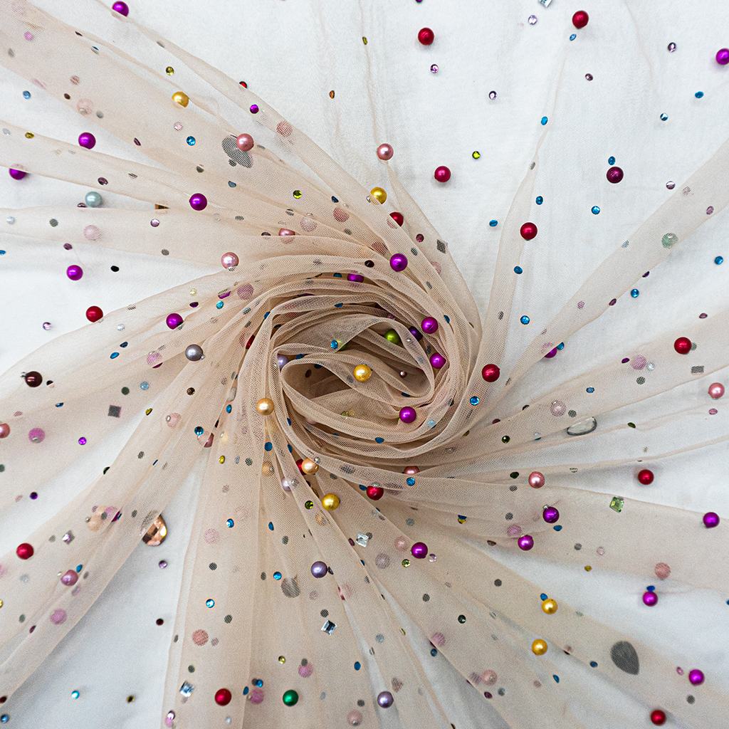 1262D15FPEACH231.jpg 150CM DIAMOND STUD DOUBLE PEARL TUILLE - PEACH - Image 1