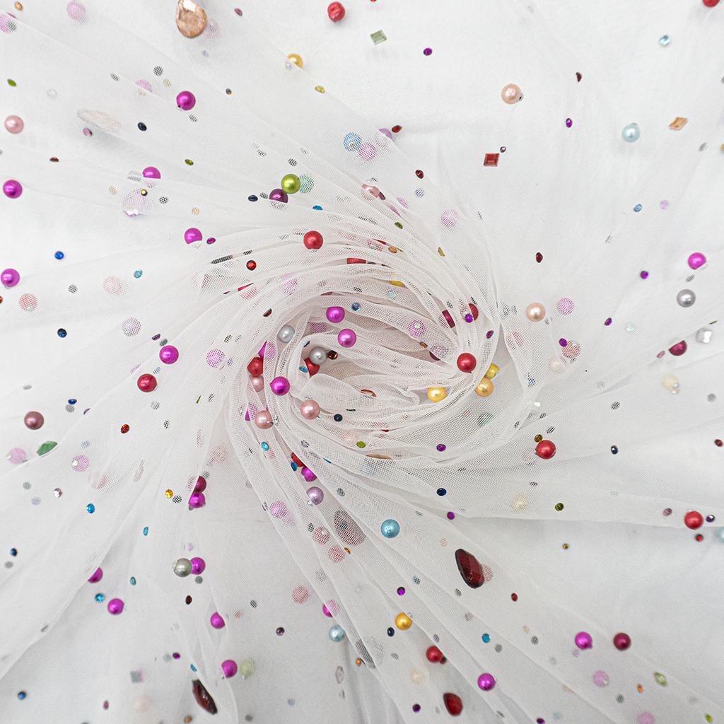 1262D15FWHITE231.jpg 150CM DIAMOND STUD DOUBLE PEARL TUILLE - WHITE - Image 1