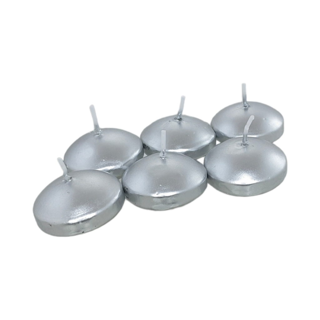 AH2DMFC5FSI.jpg METALLIC FLOATING CANDLE 6PK SILVER - Image 1