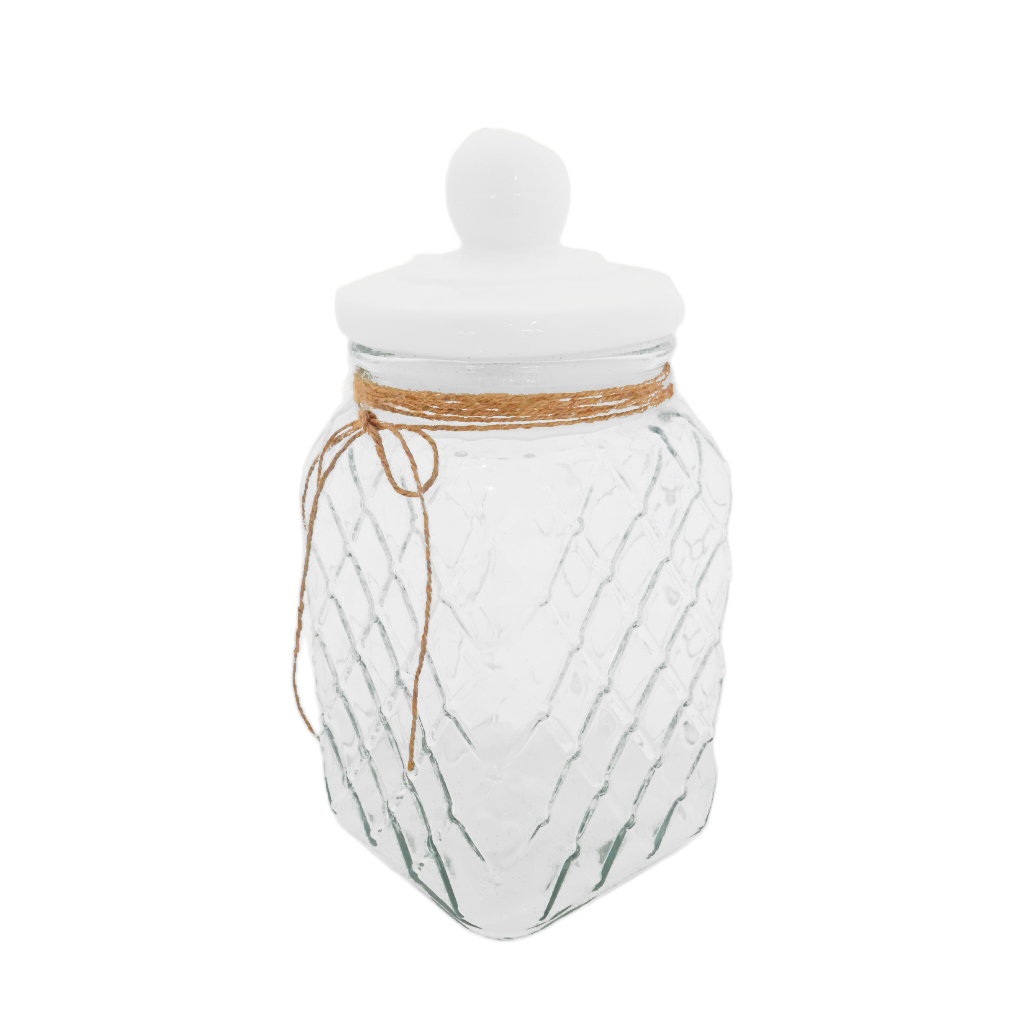 FL2D27101.jpg CANNISTER GLASS WHITE CERAMIC LID MED - Image 1