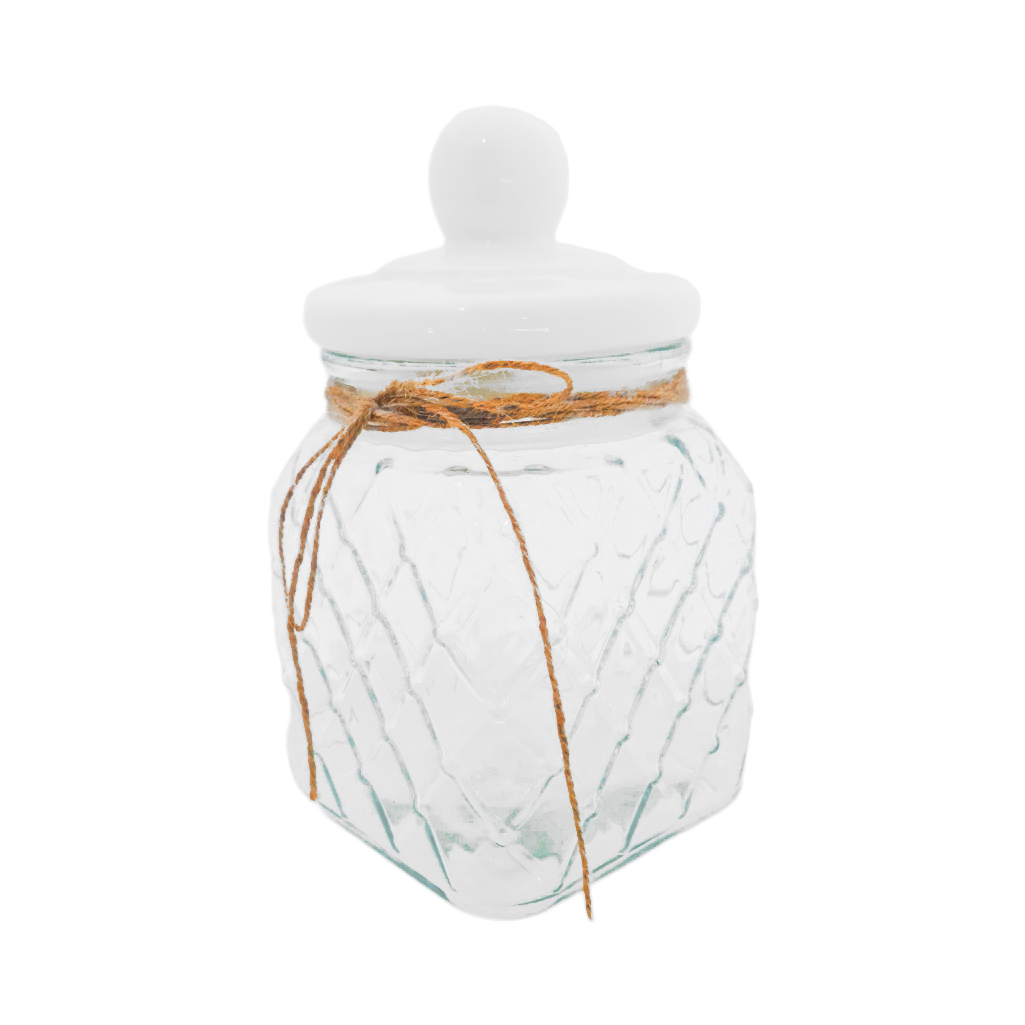 FL2D27102.jpg CANNISTER GLASS WHITE CERAMIC LID SML - Image 1