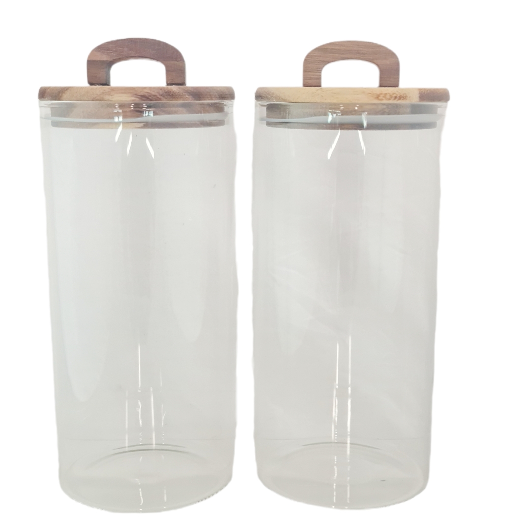 MB2D00367.jpg GLASS STORAGE JAR 2PCS WITH WOODEN LID - Image 1