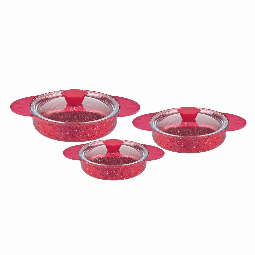 OMS30155FR.jpg NON STICK GRANITE EGG PAN SET 6Pcs RED - Image 1