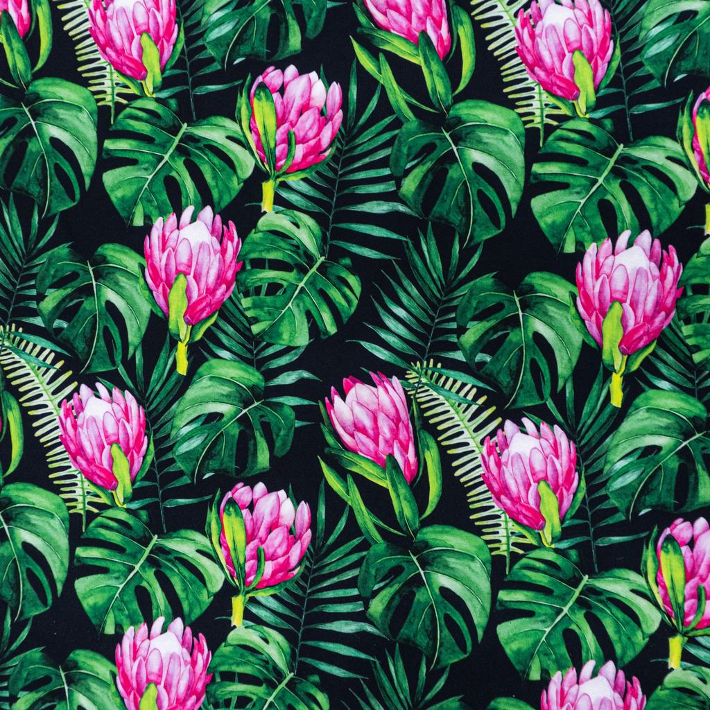 PCC255F13231.jpg PRINTED COTTON CANVAS - PINK ON BLACK PROTEA - Image 1