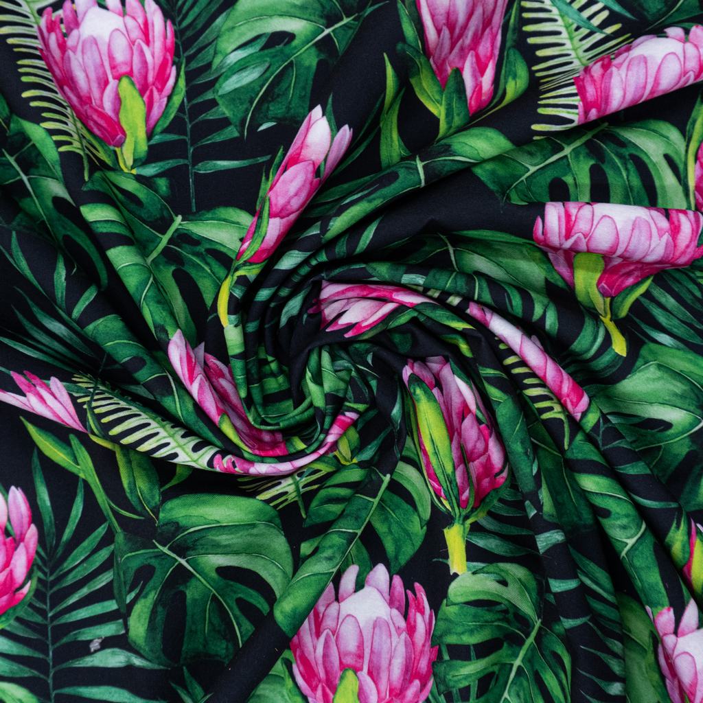 PCC255F13232.jpg PRINTED COTTON CANVAS - PINK ON BLACK PROTEA - Image 2