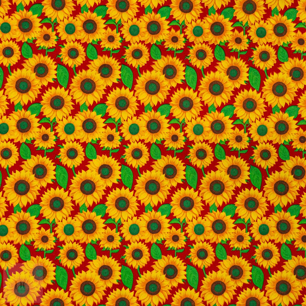 115PPC5F207231.jpg 115CM PRINTED POLY COTTON SUNFLOWER RED - Image 1