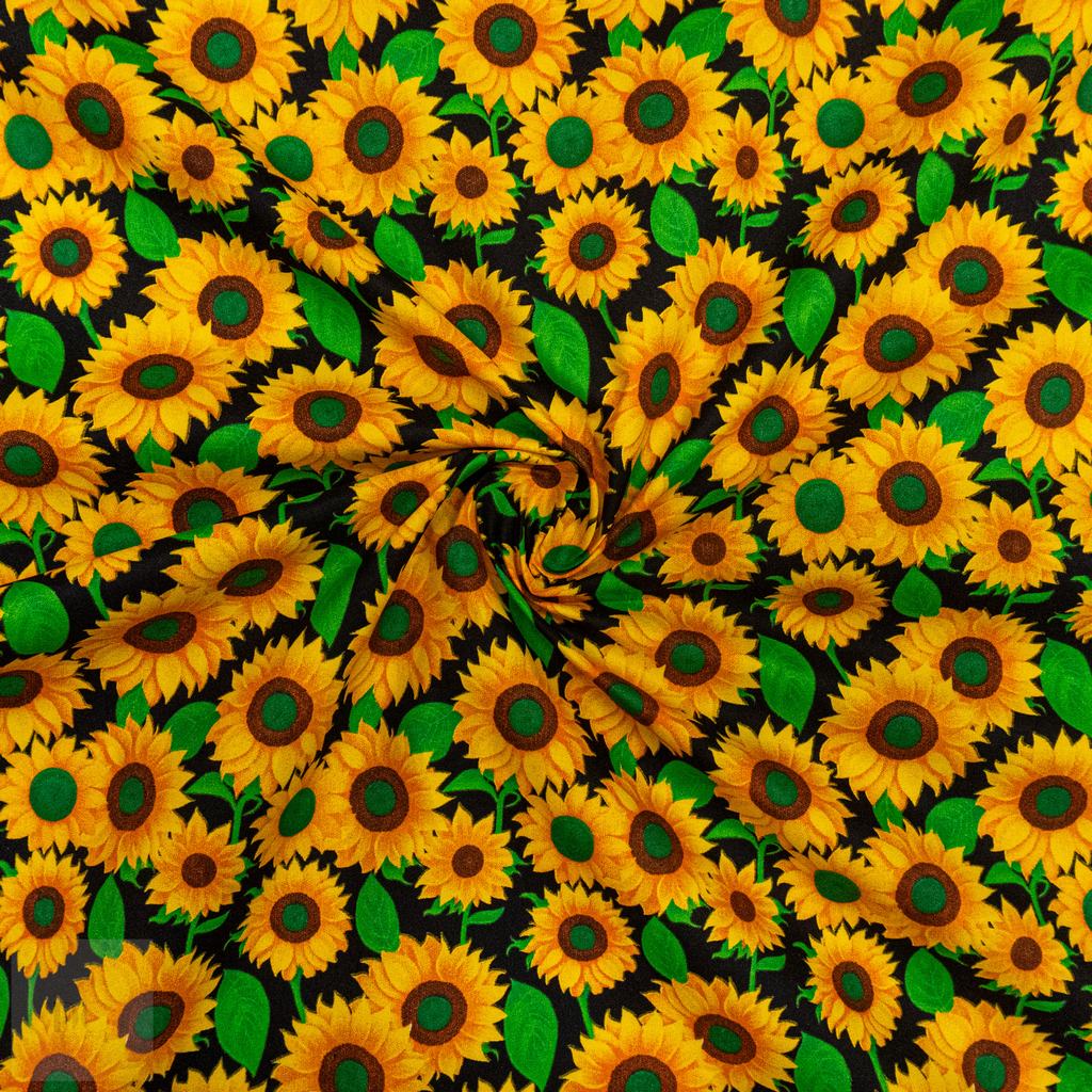 115PPC5F208232.jpg 115CM PRINTED POLY COTTON SUNFLOWER BLACK - Image 1