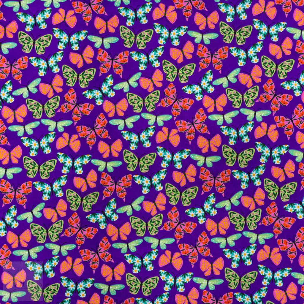 115PPC5F210231.jpg 115CM PRINTED POLY COTTON BUTTERFLIES PURPLE - Image 1