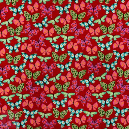 115CM PRINTED POLY COTTON BUTTERFLIES RED