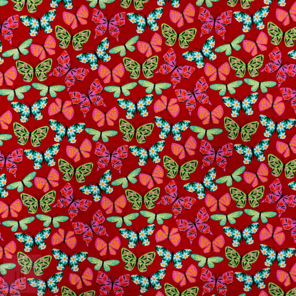 115PPC5F212231.jpg 115CM PRINTED POLY COTTON BUTTERFLIES RED - Image 1