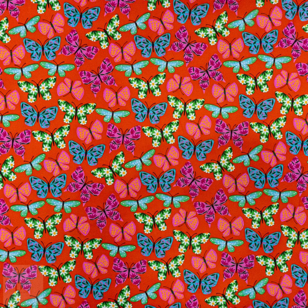 115PPC5F213231.jpg 115CM PRINTED POLY COTTON BUTTERFLIES ORANGE - Image 1