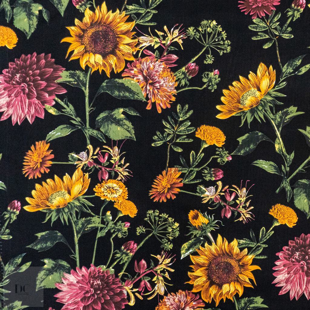 115PPC5F239231.jpg 115CM PRINTED POLY COTTON SUNFLOWER BLACK - Image 1
