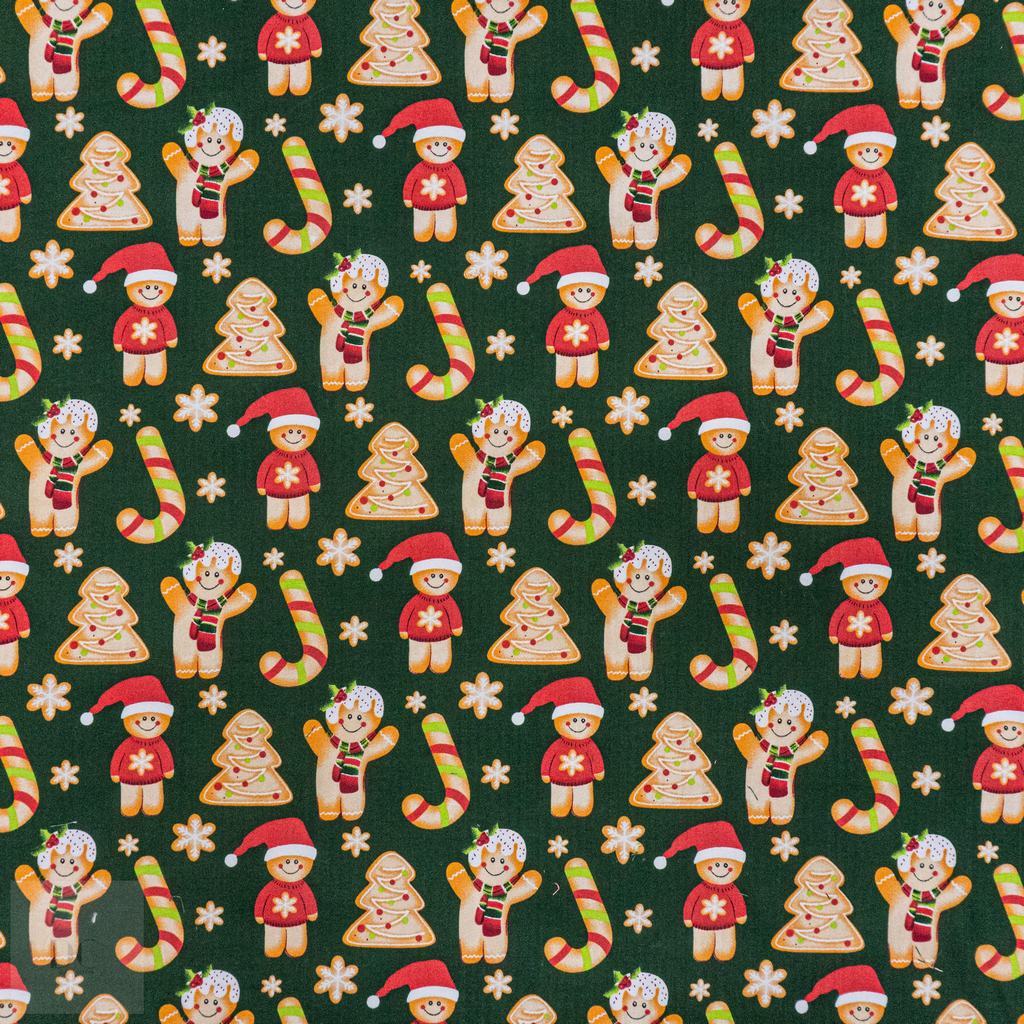 115PPC5F258231.jpg 115CM PRINTED POLY COTTON GINGER BREAD GREEN - Image 1